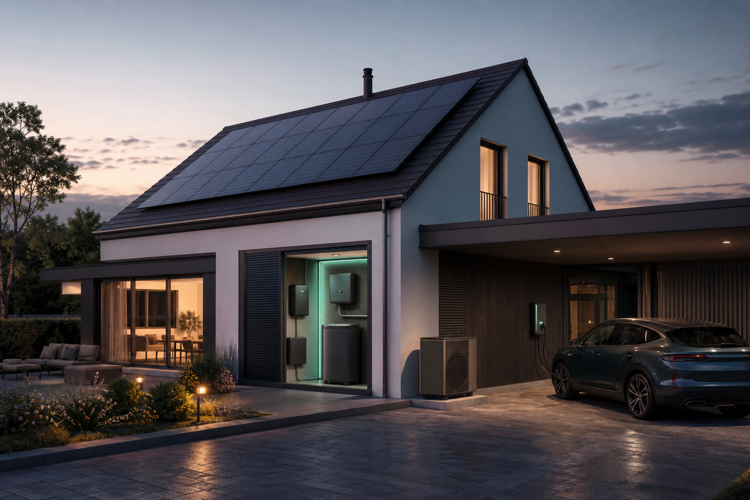 Illustration eines Hauses mit Energietechnik